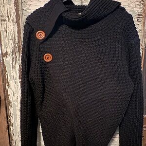 Zenana Outfitters Black Cowl Neck Sweater with Button Detail